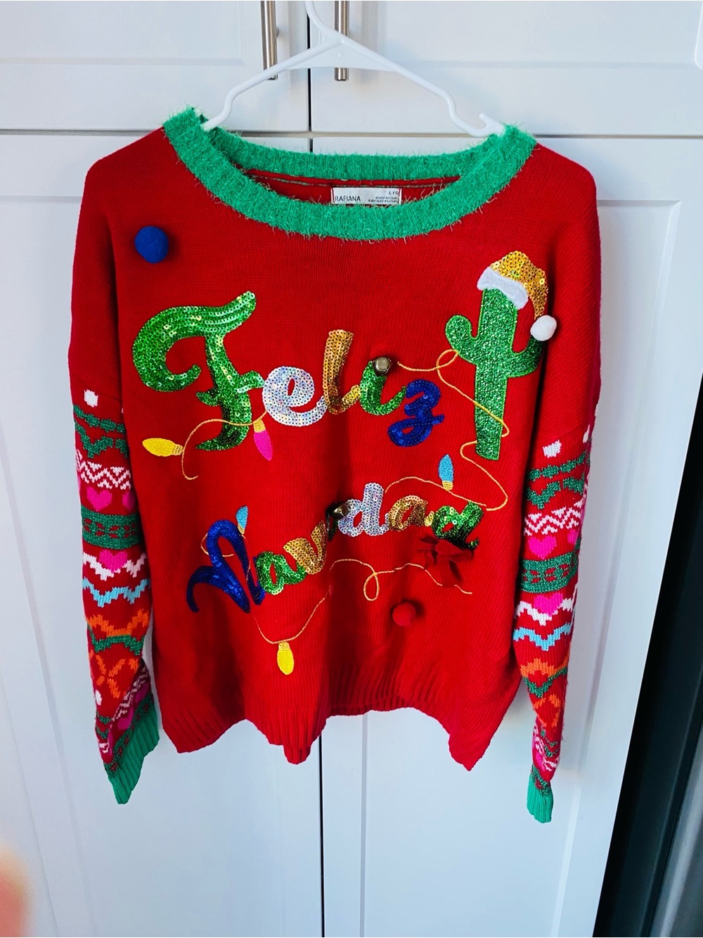 Rafiana womens large Christmas sweater feliz navidad Xmas sequin